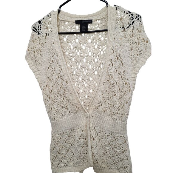 Calvin Klein Jeans Women's Crochet Knit Cardigan Sweater L/G Short Sleeve Cream - Picture 1 of 6